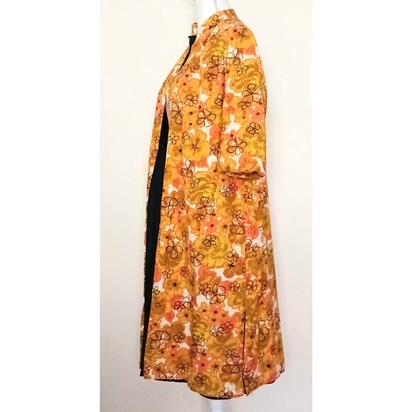 Vtg Hawaiian Barkcloth Handmade Midi Coat Gold Coral Floral Elbow  Sleeve Sz M - Picture 8 of 16